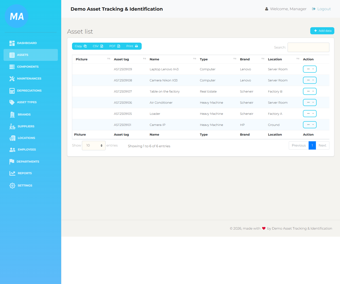Asset list with add data, export buttons, search, rows, and action menus