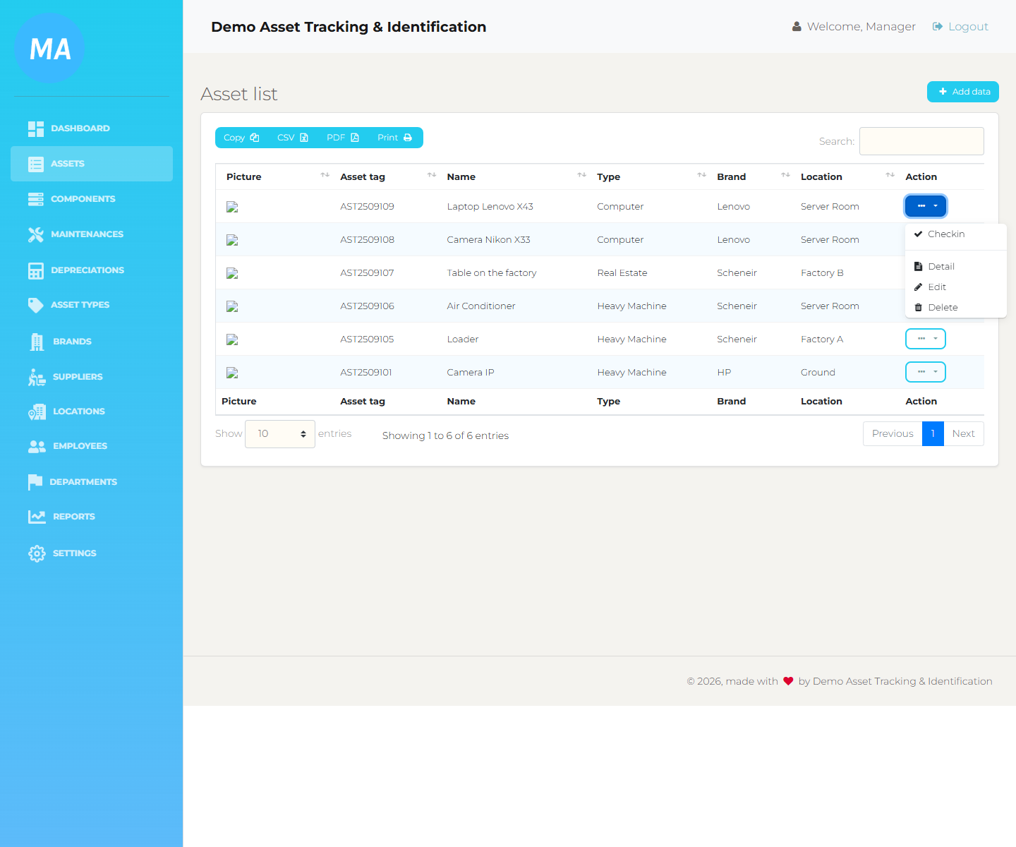 Asset row action menu showing Checkin, Detail, Edit, and Delete