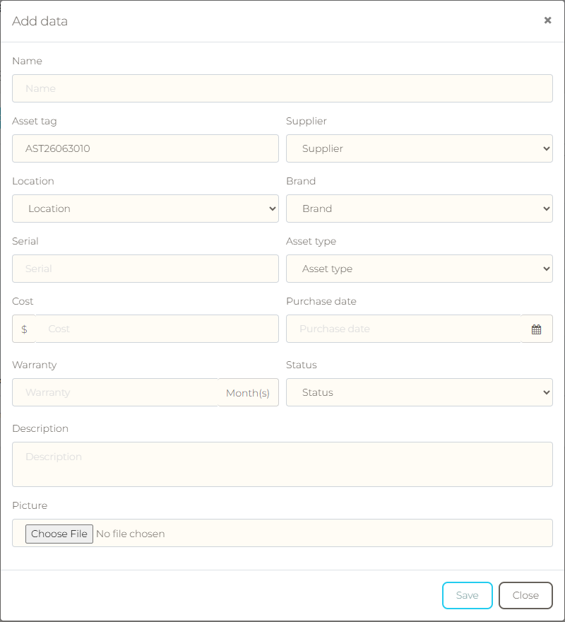 Add asset form with name, asset tag, supplier, location, brand, stock, serial, asset type, cost, purchase date, warranty, status, description, and picture