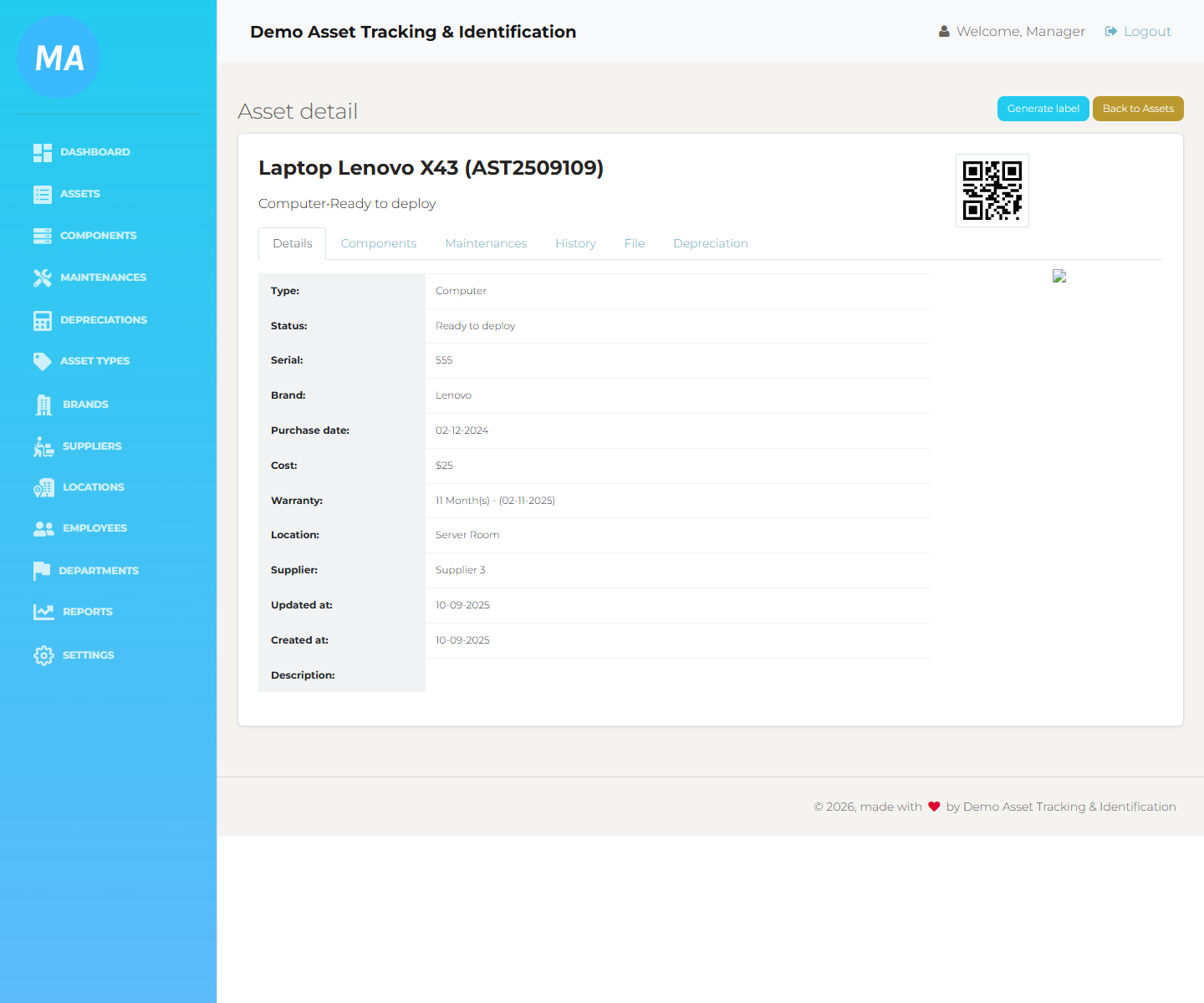 Asset detail page with asset fields and activity tabs