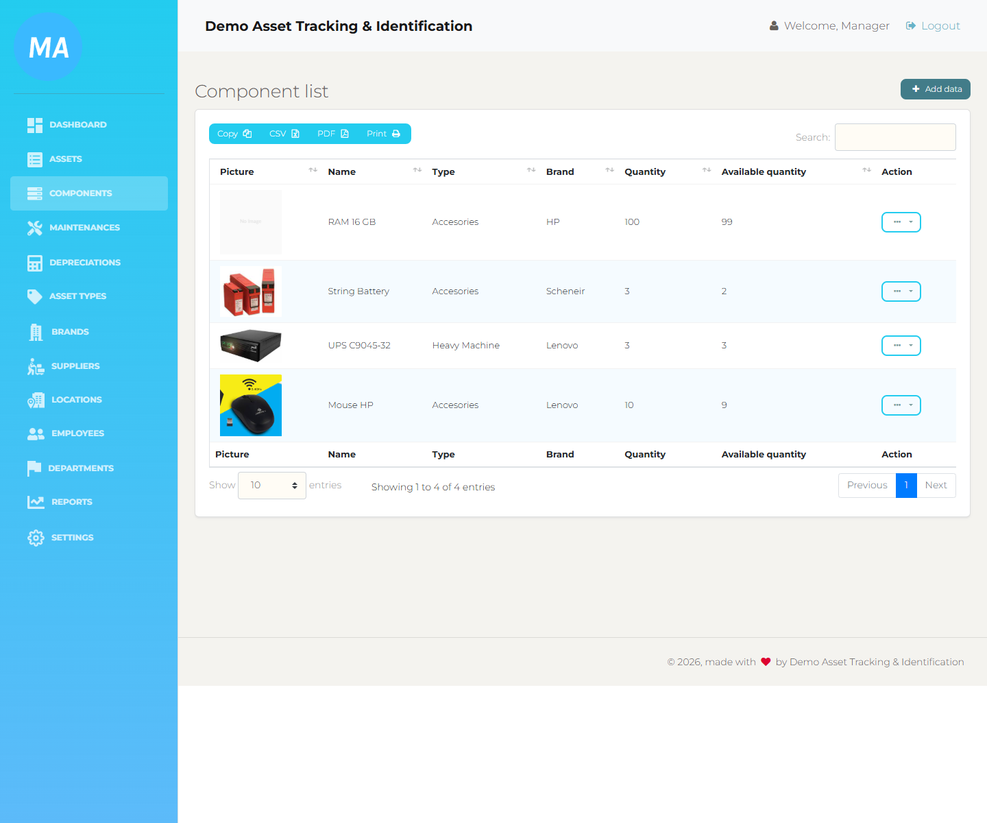 Component list showing name, location, type, brand, current stock, stock status, assigned asset, status, and action menu