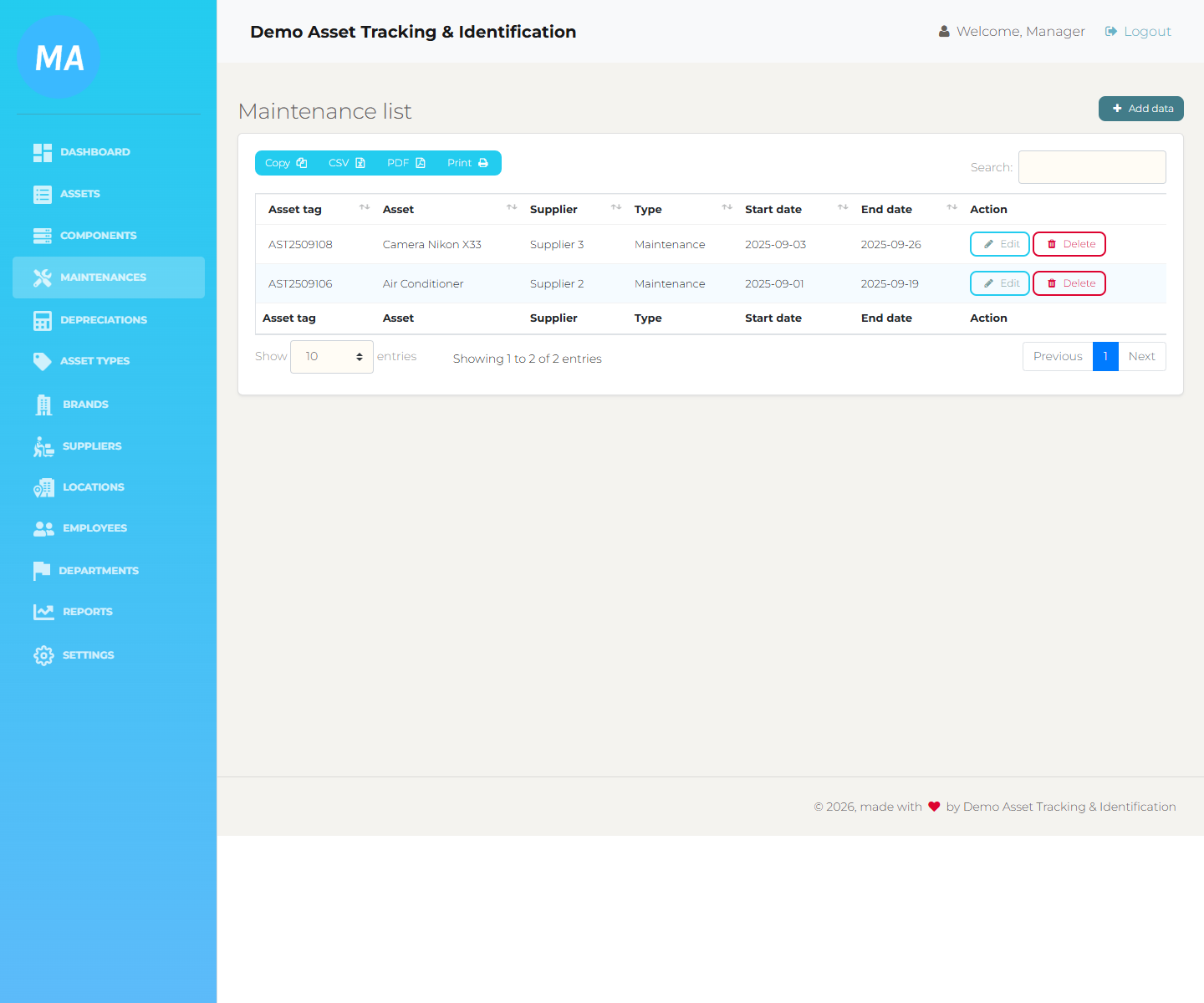 Maintenance list with assets, suppliers, dates, type, status, and action menu