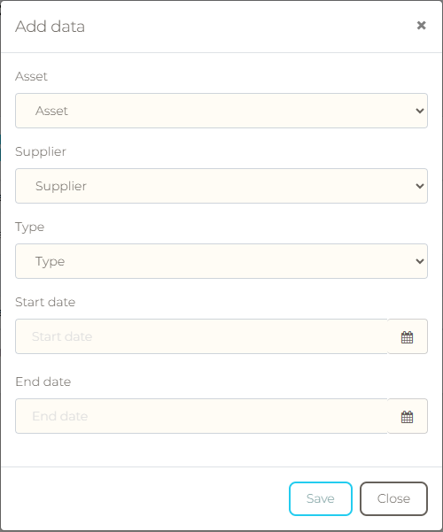 Add maintenance form with asset, supplier, type, start date, and end date