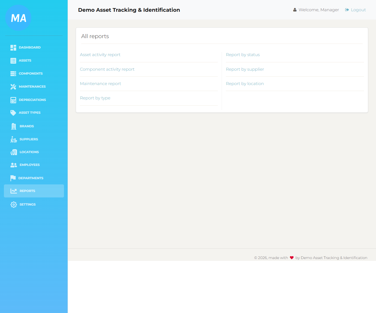 Reports menu showing activity, stock, inventory insights, maintenance, type, status, supplier, and location reports