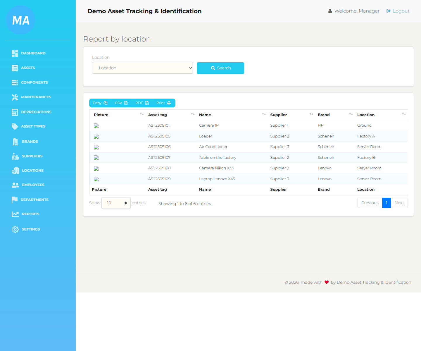 Report by location screen with location filter and export buttons