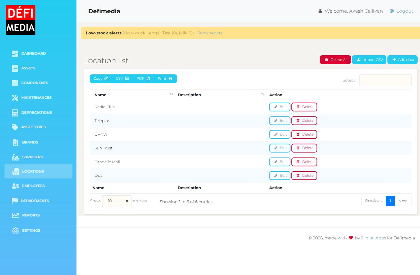 Locations list with add, import, delete all, export, search, and location rows