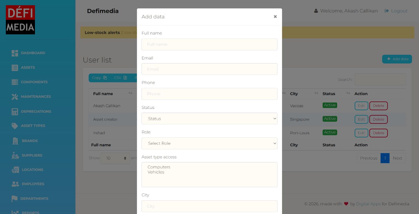 Add user form with asset type access multi-select